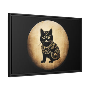 Japanese Samurai Cat Tattoo, Kawaii Ninja Cat in a vintage look, Matte Canvas, Black Frame