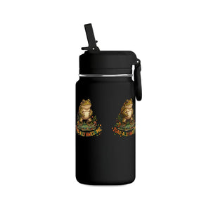 Black stainless steel DipaliZ bottle sized for school bags, with original frog illustration