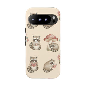 Cute Raccoon Pattern Phone Case – Beige Mushroom & Floral Tough Cases