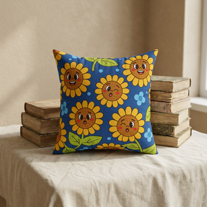 Sunny Smiles Decorative Pillow — Cute Cartoon Sunflower Throw Pillow