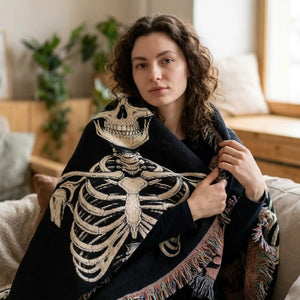 DipaliZ skeleton woven throw blanket with original gothic skull artwork