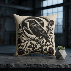 DipaliZ faux linen pillow with a raven, full moon and roses
