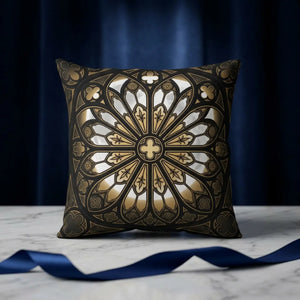 DipaliZ faux linen pillow printed with a gothic cathedral rose window