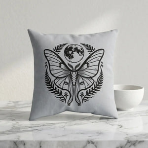 DipaliZ faux linen throw pillow with a luna moth and moon design