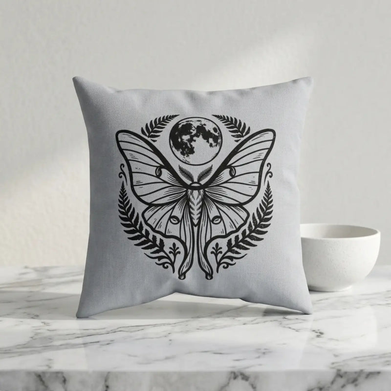 Luna Moth Moon Faux Linen Pillow — Botanical Moonlight Decorative Throw Pillow