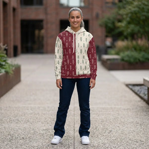 Holiday Split-Panel Hoodie — Burgundy & Cream Evergreen Pattern