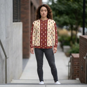 Pine tree pattern sweatshirt by DipaliZ, evergreens repeating over a deep maroon ground