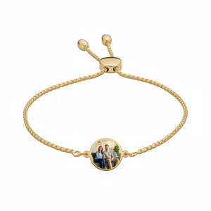 Gold-plated photo charm bracelet by DipaliZ, round charm holding a customer-supplied picture