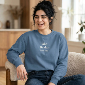 Personalized, Vibe Dealer Garment-Dyed Sweatshirt — Soft Vintage Blue Crewneck
