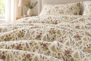 Neutral botanical print on white cotton bedding by DipaliZ