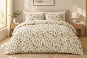 DipaliZ botanical cotton bed set with a neutral leaf pattern on white