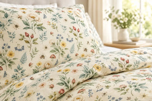 Teardrop leaf shapes borrowed from paisley in a DipaliZ floral bedding print