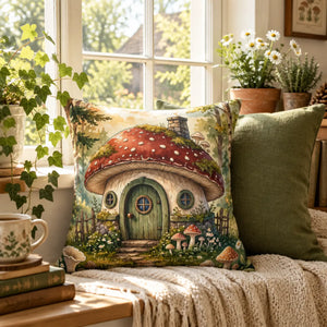 DipaliZ mushroom cottage throw pillow with a whimsical fairy house