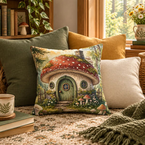 Russet cap against moss and earth on a DipaliZ woodland cushion