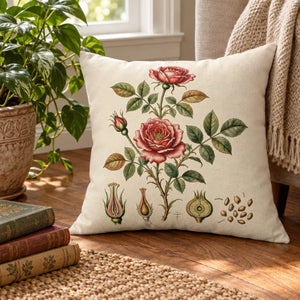 Rose shown whole with stem, leaves and thorns on a DipaliZ pillow