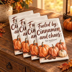 Uneven hand-lettered wording across a DipaliZ 18 inch autumn napkin