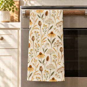 Sunflower-style blooms among small meadow flowers on a DipaliZ waffle towel