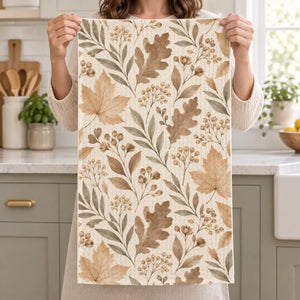 Quiet autumn foliage print on a DipaliZ kitchen towel for year-round use