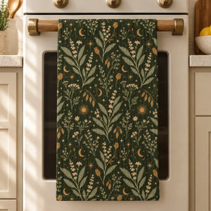 Dark forest green celestial print on a double-sided DipaliZ waffle towel