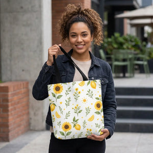 Sunflower & Lemon Pattern Tote Bag — Floral Summer Market Tote