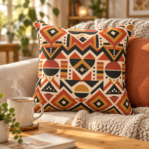 Geometric Afrohemian Tribal Throw Pillow — Rust & Mustard Aztec Pattern