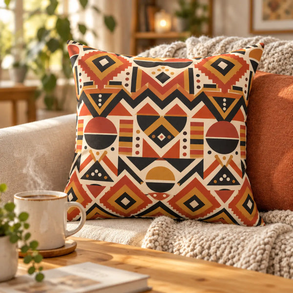 Geometric Afrohemian Tribal Throw Pillow — Rust & Mustard Aztec Pattern
