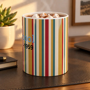 Retro Striped Ceramic Mug — Vintage Rainbow Vertical Lines