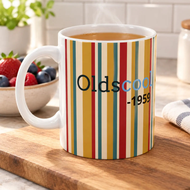 Retro Striped Ceramic Mug — Vintage Rainbow Vertical Lines