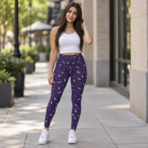 Moon & Bat Halloween Leggings — Purple Night Sky All-Over Print