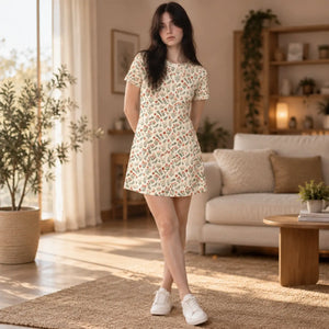 Floral cotton-feel t-shirt dress, vintage wildflower all-over print - dresses