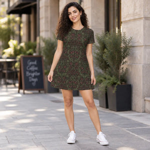 Gothic skull floral t-shirt dress, dark victorian pattern aop - dresses