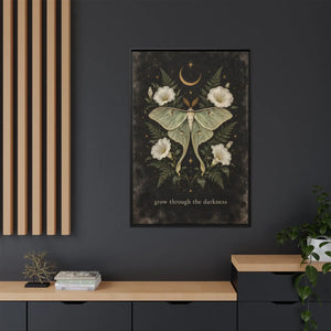 Framed canvas wall art luna moth “grow through the darkness” botanical decor - printable