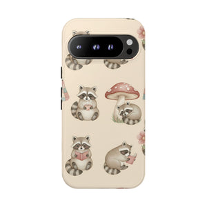 Cute Raccoon Pattern Phone Case – Beige Mushroom & Floral Tough Cases