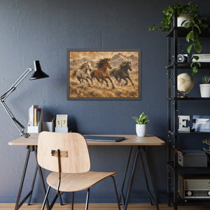Framed paper poster – wild horses running through mountain landscape - posters