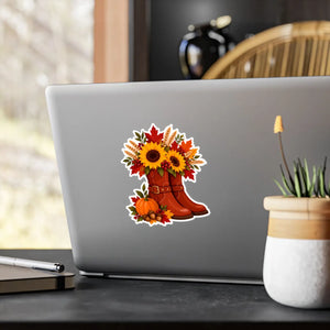 Kiss-cut vinyl decal – fall sunflower boots pumpkins & autumn floral sticker - home decor decals