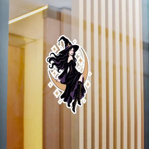 Mystical witch on crescent moon kiss-cut vinyl decal - home decor decals