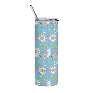 20oz Daisy Floral Stainless Steel Tumbler, Blue Spring Flower Travel Cup - Tumblers