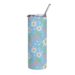 20oz Daisy Floral Stainless Steel Tumbler, Blue Spring Flower Travel Cup - Tumblers
