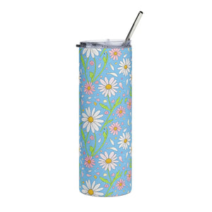 20oz Daisy Floral Stainless Steel Tumbler, Blue Spring Flower Travel Cup - Tumblers
