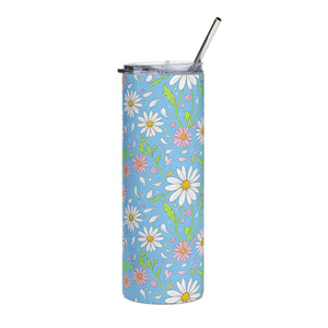 20oz Daisy Floral Stainless Steel Tumbler, Blue Spring Flower Travel Cup - Tumblers
