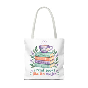 Book Lover Tote Bag — “I Read Books Like It’s My Job” Illustrated Stack & Tea