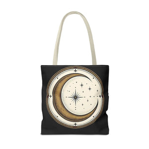 Celestial Crescent Moon Tote Bag – Vintage Starry Night AOP Canvas