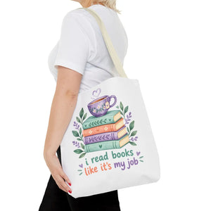 Book Lover Tote Bag — “I Read Books Like It’s My Job” Illustrated Stack & Tea