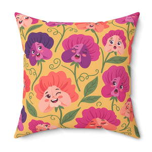 Floral Pansy Face Decorative Pillow — Cheerful Yellow Botanical Throw Pillow
