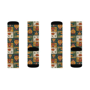 Autumn Patchwork Fox Socks — Cute Fall Animal Sublimation Crew Socks