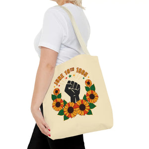 Juneteenth celebration tote bag – ’june 19th 1865’ sunflower & black power fist aop - bags