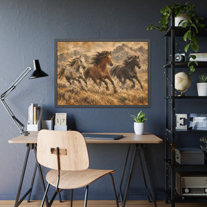 Framed paper poster – wild horses running through mountain landscape - posters