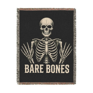 Bare Bones woven blanket by DipaliZ, skull and bone motif in bone-white line work