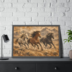 Framed paper poster – wild horses running through mountain landscape - posters