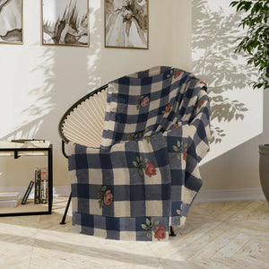 DipaliZ Navy Gingham Rose velveteen microfiber blanket with a printed face